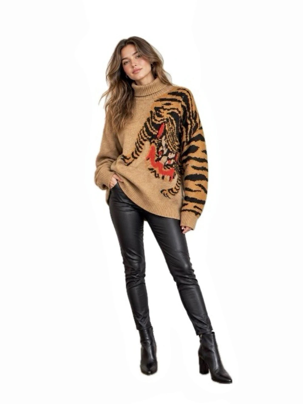 Ci Sono, Vintage Tiger Turtleneck Sweater Oversized Statement Knit, Size L